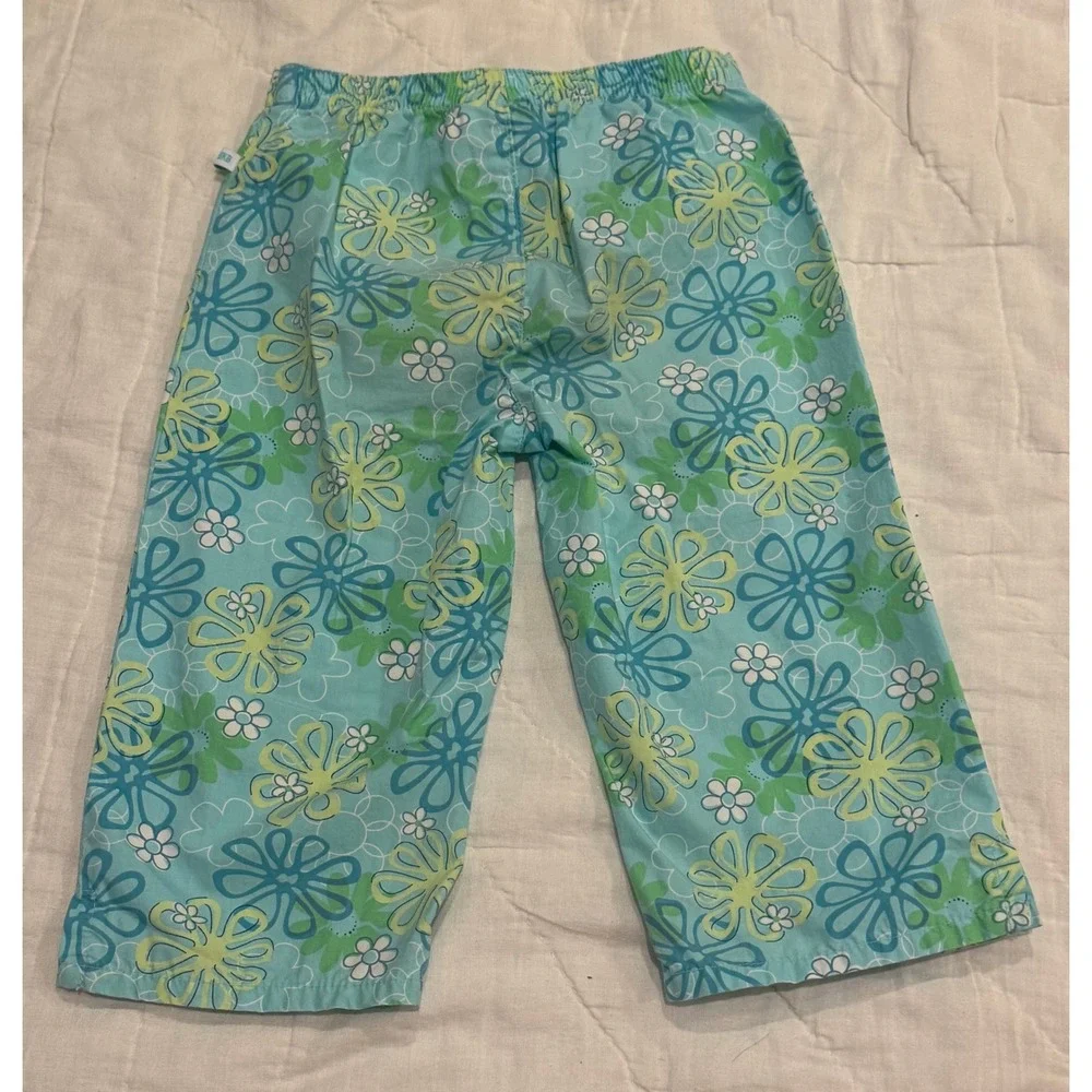 OshKosh Bgosh Kids Teal Floral Daisy Cotton Pants Size 5 Vintage Style Hook Loop